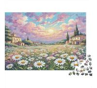 Daisy Jigsaw Puzzle 1000 Pc Recycled Paper Puzzle Daisy Field with Houses Under Colorful Sunset for Adults Fun And Challenging Home Activity Wall Decoration Gift 70x50cm/1000pcs