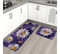 Daisy Kitchen Mats for Floor, Violet Floral Cartoon Soft Mats, Cushioned Comfort Washable Non Slip Decor Rugs for Kitchen Sinks Laundryroom Bathroom 2PCS