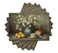 Daisy Lemon Bread Table Fabric Placemats Set of 6, Durable Machine Washable Reusable Vintage Oil Painting Cotton Linen Non-Slip Table mats for Party Decor and Everyday Use (45x30cm, Multi-Color)