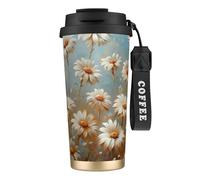 Daisy Oil Painting Double Wall Stainless Steel Vacuum Insulated Travel Mug with Splash-Proof Lid Perfect for Camping & On-The-Go