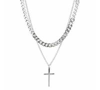 Daisy Philip Cross Necklace 2Pcs Silver Chain Cuban - Stainless Steel Jewellery - Neck Link Chains for Men Man Women Boys Kids Gifts for Birthday Christmas Thanksgiving Day