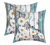 Daisy Pillow Cases Cushion Covers Botanical Floral Printed Throw Pillow Covers Set of 2 Soft For Kids Butterfly Pattern Decorative Throw Pillowcases Wood Grain Blue and White Cushion Cases 18x18 Inch