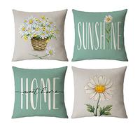 Daisy Pillow Covers 14x14 Set of 4 Summer Throw Pillow Covers Hello Sunshine Pillow Covers Cushion Covers Square Cotton Linen Pillow Cases for Couch Sofa Patio Outdoor Home Decorations(14 Inch)