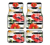 Daisy Poppy Car Mats 4 Pieces Stripe Flower Universal Floor Car Mats Non-Slip Vehicle Carpet for SUV Van Truck Sedan