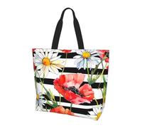 Daisy Poppy Tote Bag Women's Shoulder Handbags Stripe Flower Shopping Bags Water-Resistant Large Handbag with Inner Pocket for Work Travel School