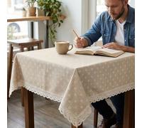 Daisy Print Tablecloth with Crochet-Style Lace Edge | Cream Linen-Cotton Blend | Machine Washable | Multiple Sizes for Dining Table, Kitchen, Farmhouse Decor (140cmx220cm)