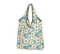 Daisy Sky Blue Print Reusable Grocery Bags Shopping Bags - Foldable Grocery Bag Tote Bag with Handles, Black, 2 PCS