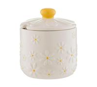Daisy Sugar Bowl Jar With Lid Ceramic Hand Painted Flower Embossed White Storage