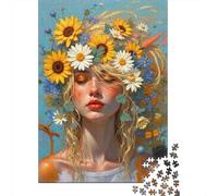 Daisy Sun Girl Jigsaw Puzzle 1000Pc Recycled Paper for Adults Summer Floral ArtPuzzle Difficult Challenging Home Activity Festivals Celebration Gifts 70x50cm/1000pcs