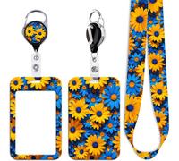 Daisy Teachers ID Lanyard Card Holder with Retractable Heavy Duty Badge Holder Reel Clip Cute Flowers Neck Lanyard Strap for Keys ID Badge for Women Girls Kids Preppy School ID Holder(Blue & Yellow)