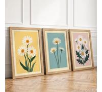 Daisy Trio Botanical Set of 3 Framed Wall Art Prints A4 (29.7×21cm) Oak,