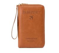 DAITET Passport Holder PU Leather Wallet for Men & Women, RFID Blocking Travel Wallet, Passport Holder Card Slots Document Organizer Wrist Strap (Brown Yellow)