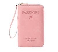 DAITET Passport Holder PU Leather Wallet for Men & Women, RFID Blocking Travel Wallet, Passport Holder Card Slots Document Organizer Wrist Strap (Pink)