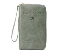 DAITET Passport Holder PU Leather Wallet for Men & Women, RFID Blocking Travel Wallet, Passport Holder Card Slots Document Organizer Wrist Strap (Green)