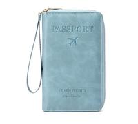 DAITET Passport Holder PU Leather Wallet for Men & Women, RFID Blocking Travel Wallet, Passport Holder Card Slots Document Organizer Wrist Strap (Blue)