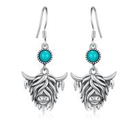Daixiya Highland Cow Earrings 925 Sterling Silver Turquoise Highland Cow Dangle Drop Earrings Western Jewelry Animal Lover Gifts for Women Girls Teens, Sterling Silver, Turquoise
