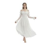 daizbella Women’s Medieval Renaissance Dress Off Shoulder Maxi Dress White Solid Base Layer Gown, White, Medium