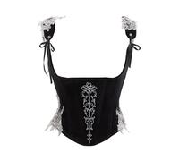 daizbella Women Velvet Medieval Corset Embroidery Elf Style Renaissance Corset Tops Overbust Boned Bustier Bodice, Black, Small
