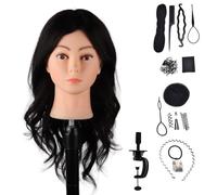 DaizySight Hair Styling Training Head with 100% Real Human Hair, 18" Black Cosmetology Mannequin Head Hairdressing Manikin Doll Head with Clamp & Styling Tools (Black)