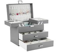 Dajasan Jewellery Box for Women, 4-Layer Large Jewellery Storage Organiser with 2 Drawers, Space-Saving PU Leather Jewelry Box, Gift Idea for Mother's Day, Sliding Metal Stand, Modern (Grey)