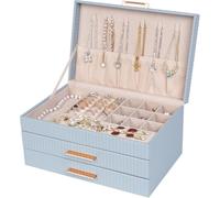 Dajasan Jewellery Box Organiser, 3-Layer Large Jewellery Storage Case with 2 Drawers, Space-Saving Jewellery Box, Gift Idea for Women Girls, Ribbed PU Leather Surface, Modern (Smoky Blue)