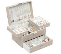 Dajasan Jewellery Organiser Box for Women Girls, Leather Jewellery Storage Box, 3- Layer Large Jewellery Gift Box for Mothering Sunday, Valentine's Day, Christmas, New Year (Champagne)