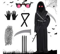 DAJASD Kids Grim Reaper Costume, Halloween Fancy Dress Costume Set, Black Robe, Adjustable Plastic Scythe, Glowing Red Eyes, Black Gloves and Chain Belt, Kids Reaper Costume Set for Halloween Party