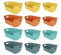 DAJAVE 12 PCS Plastic Storage Basket Multiple Colors Cupboard Storage Boxes 3 Sizes Kitchen Organiser Storage Basket with Handles Storage Box for Cupboard, Bathroom, Home, Office, School