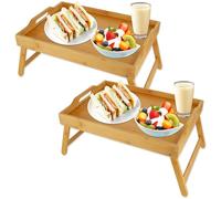 DAJAVE 2 Pack Bamboo Bed Tray Table with Folding Legs Trays for Eating on Lap with Handles Breakfast Tray Table Multipurpose Bed Lap Trays for Sofa, Eating, Working (41.5x30x20.5cm)