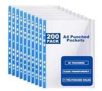 DAJAVE 200 Pack Poly Pockets A4, Punched Pockets Polly Pocket 80 Micron Plastic Wallet Sleeves Top Opening Plastic Sleeves for Organising Document, Lever Arch Files, Ring Binder Folders