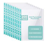 DAJAVE 200 Pcs Poly Pockets A4 Punched Pockets, 80 Micron Polly Pocket A4 Plastic Sleeves Top Opening Plastic Wallet Sleeves for Organising Document, Ring Binder Folders, Lever Arch Files