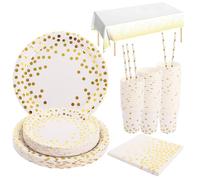 DAJAVE 251 Pcs White and Gold Party Supplies Golden Dot Disposable Party Tableware Set Gold Paper Plates and Napkins Cups Straws Tablecloth for Graduation, Birthday, Wedding, Parties - 50 Guests