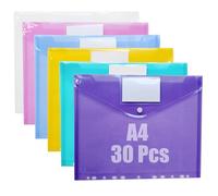 DAJAVE 30 Pcs Plastic Wallets A4 Punched Pockets, Plastic Folders A4 Document Wallets Popper Wallet with Label Pocket for Home, Office, School - 6 Colors