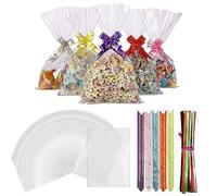 DAJAVE 400Pcs Cellophane Bags 6x10 Inch Cellophane Sweet Bags Clear Cookie Bag Biscuit Cello Treat Bag for Cookies, Sweets, Gifts, Candy, with Twist Ties and Pull Bows