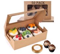 DAJAVE 50 Pcs Cupcake Boxes 6 Hole with Window Cupcake Box Brown Cake Boxes with Insert Kraft Cupcakes Carrier with Ribbon for Cupcakes, Cookies, Pastries and Muffins