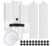DAJAVE 50 Pcs Paint Mixing Cups for Spray Guns 21oz/600ml Disposable Paint Sprayer Gun Cup Liners and Lid System for Primers, Coatings - with 50 Lids, 50 Cups, 20 Plugs, 1 Hard Cup with Retainer Ring