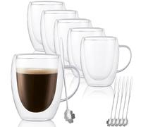 DAJAVE Set of 6 Glass Coffee Mugs 350ml Double Walled Glass Mugs with Handle Coffee Glass Cups for Hot Drinks, Latte, Cappuccino, Tea, Milk, Juice - with 6 Spoons