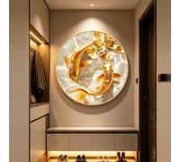 DAJIAYIQI Round Golden Koi Ginkgo Wall Art, Crystal Porcelain Circular Wall Decor with Aluminum Frame, Modern Feng Shui Wall Painting for Entryway Hallway Living Room(80cm/31.5in)
