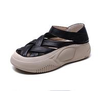 Dajingkj Women's Summer Genuine Leather Platform Sandals for Girls Velcro Casual Flat Leather Sandals, black, 5 UK
