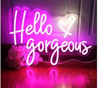 DAKABUKA Hello Gorgeous Neon Signs Pink LED Light Hello Beautiful Wall Art Gift for Home Decoration Wedding Birthday Backdrop Bacelorette Party Wth Dimmable Switch(5V,16.5X11inches)