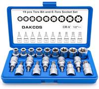DAKCOS 19pcs Torx Bit Socket and Female External Socket Set, 1/2", E10-E24 & T20-T70 with Storage Case, CR-V