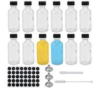 DAKFOOK 12 Pack 60ml Mini Glass Bottles, 2oz Clear Shot Bottles with Lids, Funnels, Stickers and Brush, Small Empty Glass Bottles for Water, Juice, Ginger, Whiskey, and Essential Oil