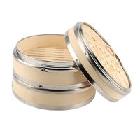 DAKFOOK 20cm 2 Tier Bamboo Steamer, Steel Banded Dumpling Steamer Basket with Lid for Dim Sum, Vegetables, Dumpling, Rice Cakes, Fish, Seafood