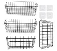 DAKFOOK 4 PCS Black Wall Wire Basket, 2 Sizes Metal Wire Bin Organiser Self Adhesive, Wire Storage Hanging Basket for Bathroom, Office, Pantry, Freezer, Closet, Shelf