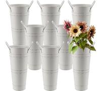 DAKFOOK 8 Pack Galvanized Metal Flower Vases, Top.D:11cm x H:23cm Beige Farmhouse French Bucket with Handles, Galvanised Vase Rustic Metal Flower Bucket for Wedding Table Centerpiece Decorations