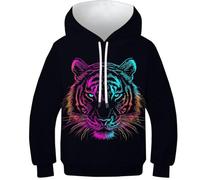 DAKINCHERRY Tiger Unisex Kids Hoodie 3D Novelty Pullover Hoodie Colourful Cool Tiger Pullover with Pocket 12-14Y