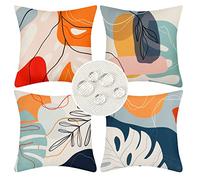 DakTou Boho Cushion covers 45 x 45 Set of 4 Outdoor Waterproof Linen Throw Pillowcases Modern Abstract Leaves Art Mid Century Decorative Pillow Covers for Sofa Porch Patio Home Decor