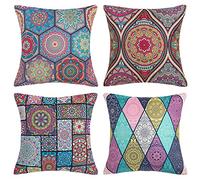 DakTou Decorative Cushion Covers Boho Pillowcases Mandala Flower Pattern Hippie Throw Pillow Case Flax Outdoor Square Covers for Sofa Vintage Home Decor 45 x 45 cm / 18 x 18 inch, Pack of 4