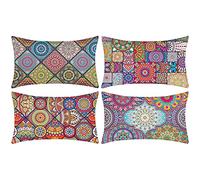 DakTou Pack of 4 Cotton Linen Decorative Cushion Covers Mandala Boho Ethnic Rectangle Pillowcases for Livingroom Sofa Bedroom with Invisible Zipper 30cm x 50cm 12x20 Inch
