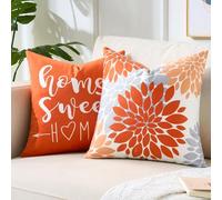 DakTou Set of 2 40x40 Cushion Cover, Orange Cushions Cover, Decorative Pillows Case For Bed, Super Soft Short Plush Velvet Feel Material, Elegant Geometric Dahlia Floral Pattern Home Decor Pillowcase
